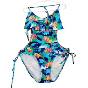 Candies One Piece Swimsuit Womens XL Tropical Floral Ruffle Cutout Monokini